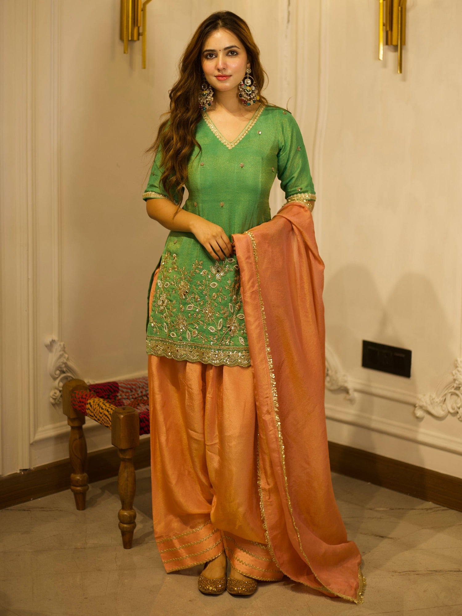 GREEN & PEACH PATIYALA SET