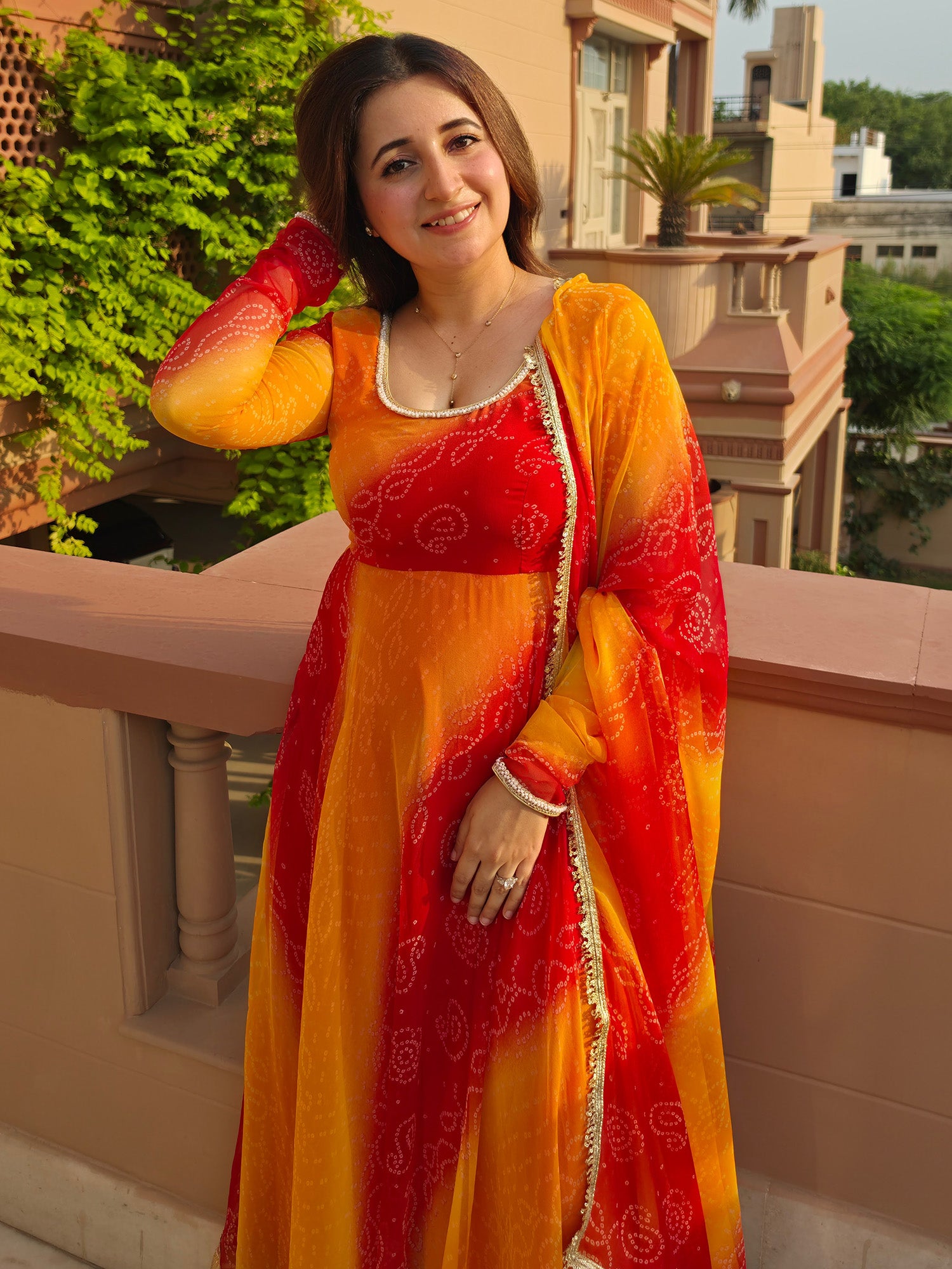Red and Yellow Bandhani Anarkali