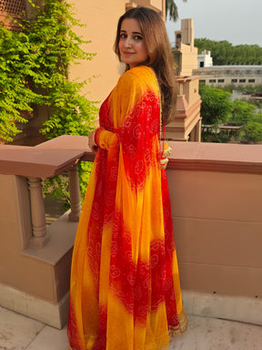 Red and Yellow Bandhani Anarkali
