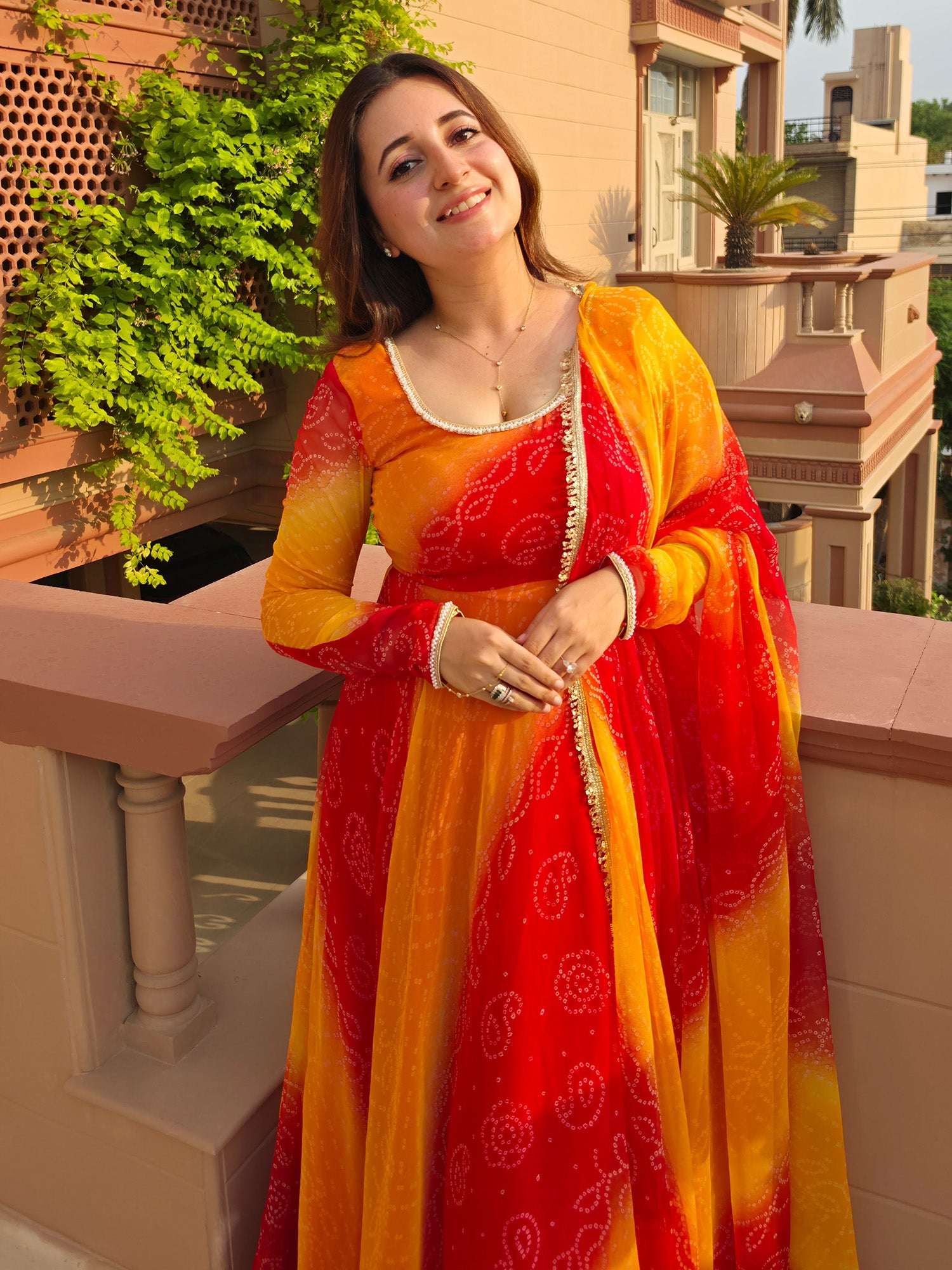 Red and Yellow Bandhani Anarkali