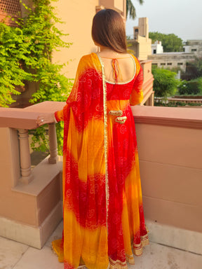 Red and Yellow Bandhani Anarkali