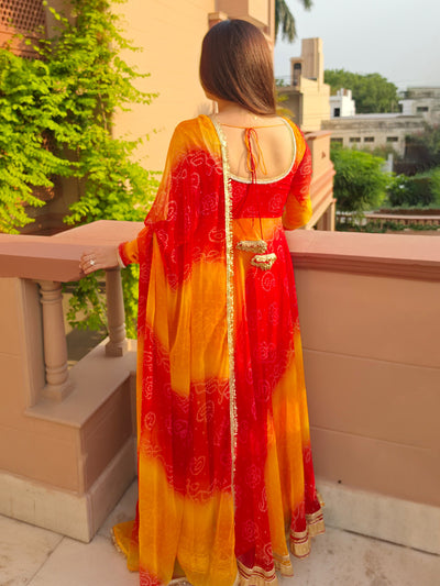 Red and Yellow Bandhani Anarkali