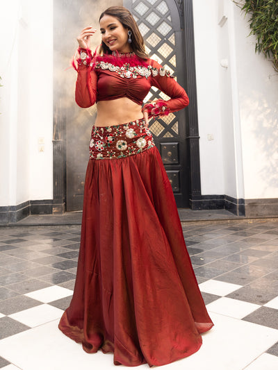 Western Whimsy Maroon Lehenga Set