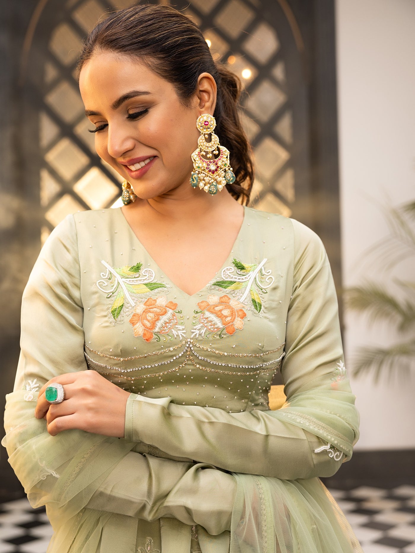 Rama Green Diamond Net Anarkali Anarkali