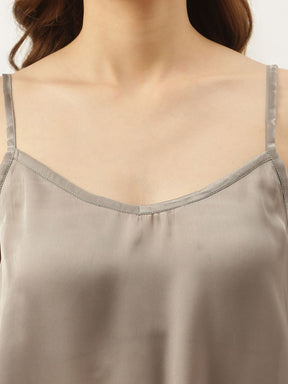 Bride Embroidered Grey Silk Shorts With Camisole Set