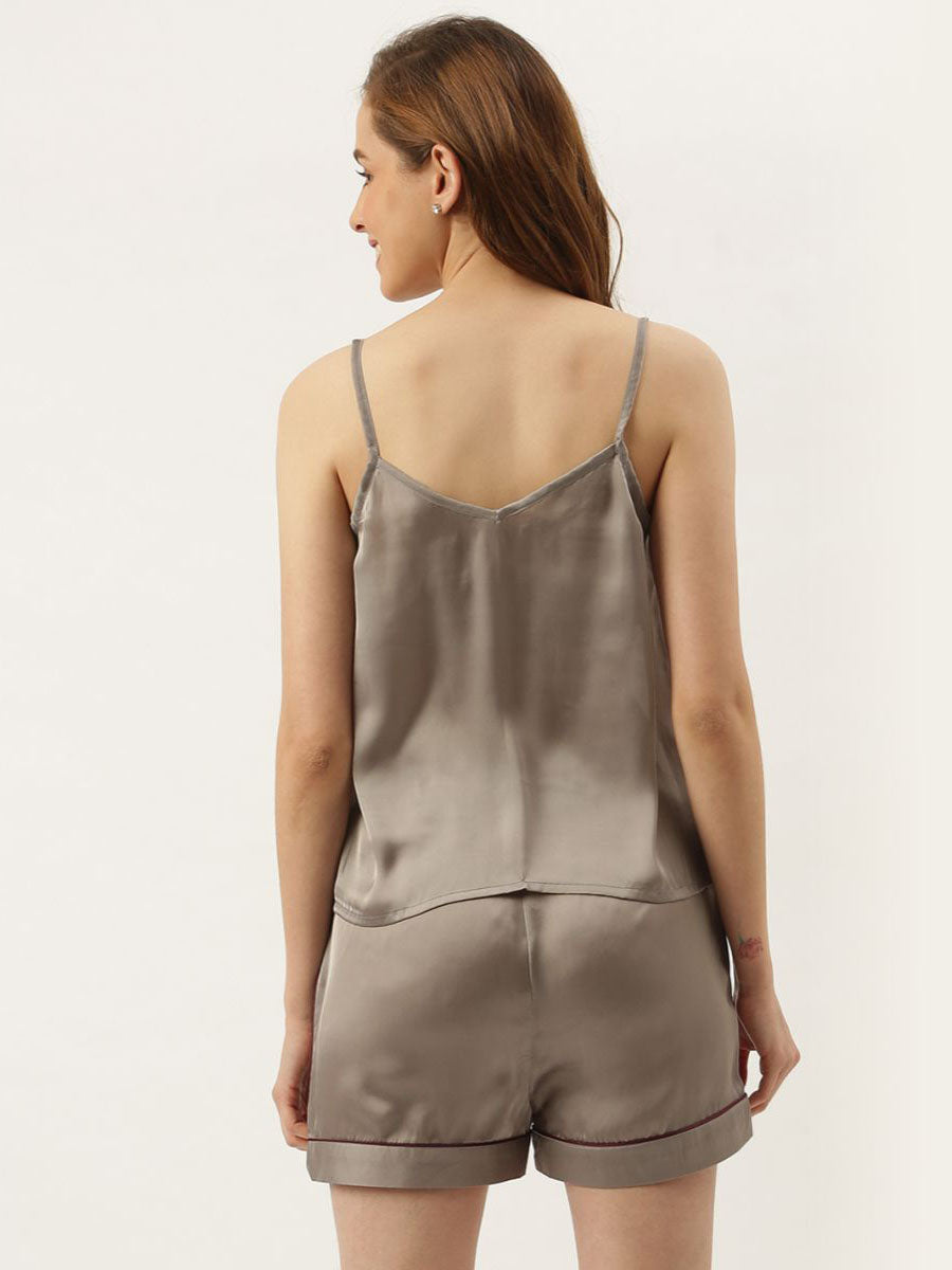 Bride Embroidered Grey Silk Shorts With Camisole Set