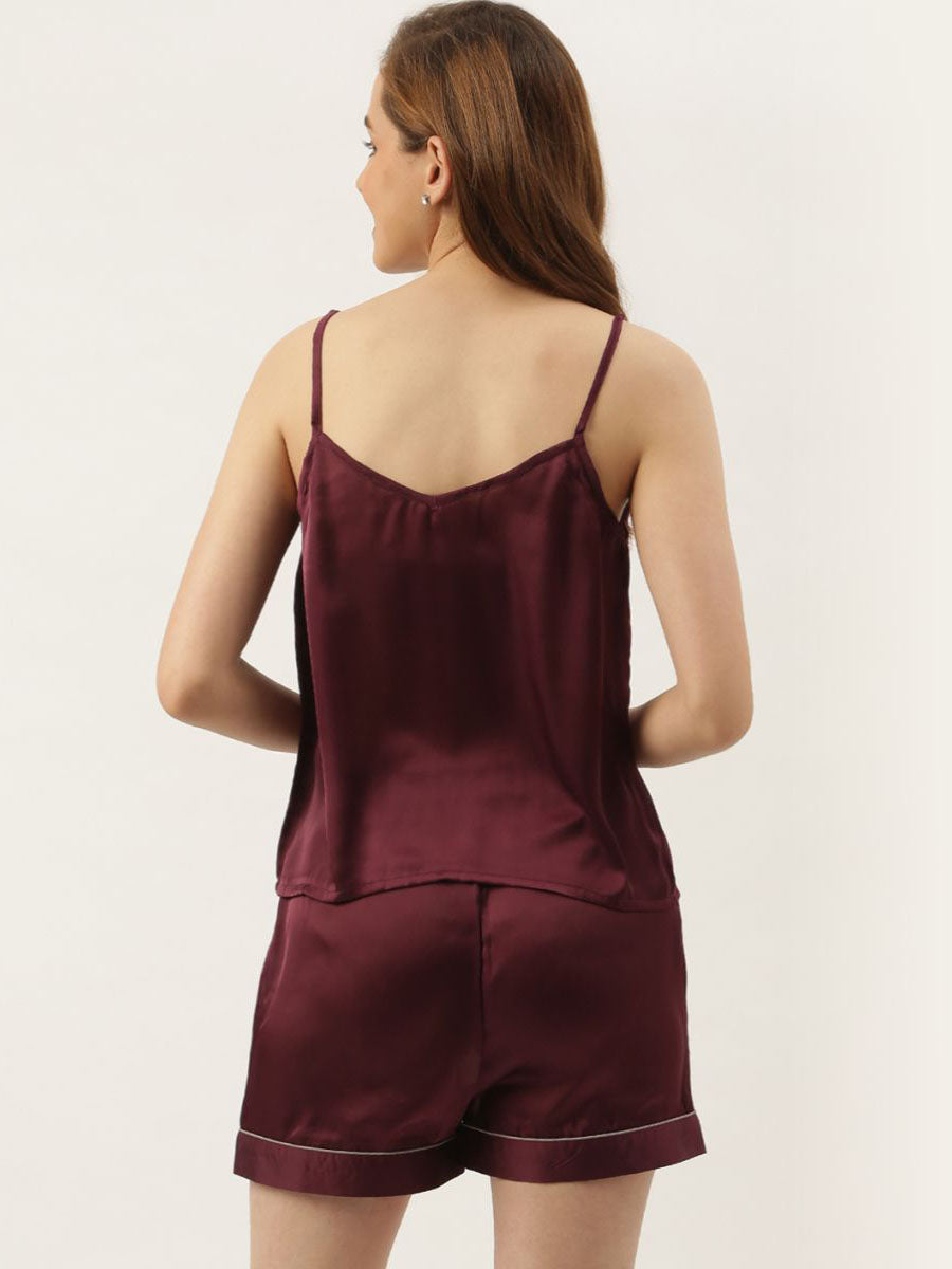 Bridesmaid Embroidered Purple Silk Shorts With Camisole Set
