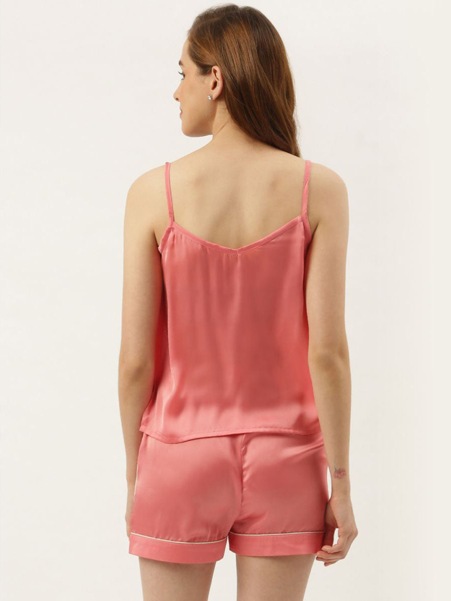 Bridesmaid Embroidered Pink Silk Shorts With Camisole Set
