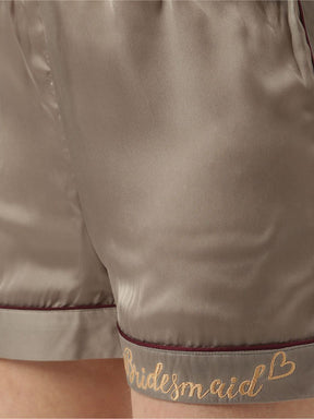 Bridesmaid Embroidered Grey Silk Shorts With Camisole Set
