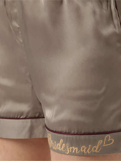 Bridesmaid Embroidered Grey Silk Shorts With Camisole Set