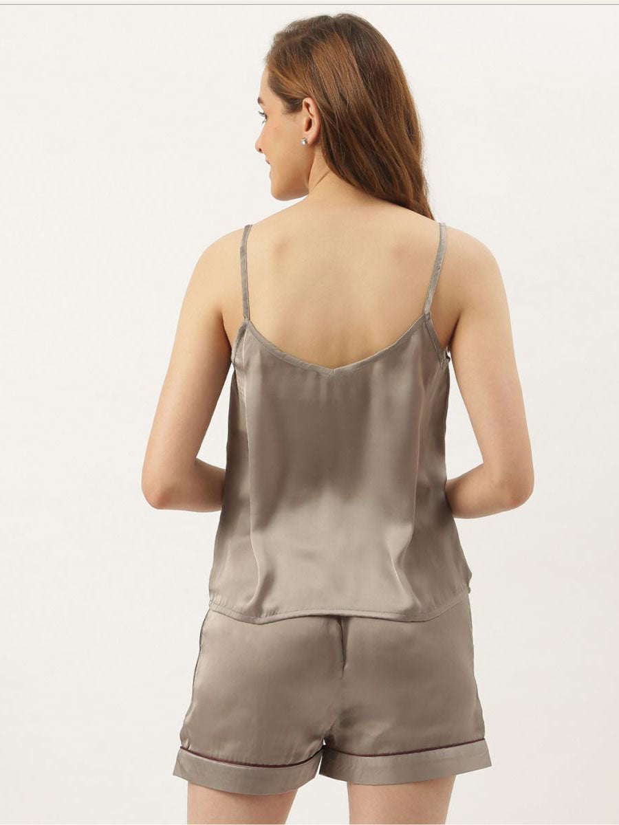 Bridesmaid Embroidered Grey Silk Shorts With Camisole Set