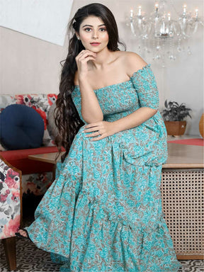 Blue Floral Printed Off Shoulder Dress
