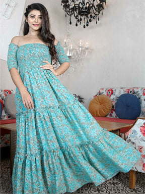 Blue Floral Printed Off Shoulder Dress