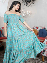 Blue Floral Printed Off Shoulder Dress