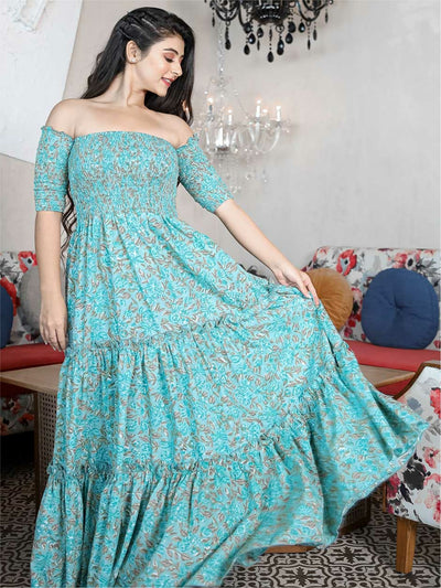 Blue Floral Printed Off Shoulder Dress
