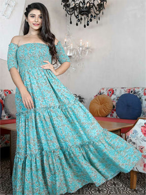 Blue Floral Printed Off Shoulder Dress