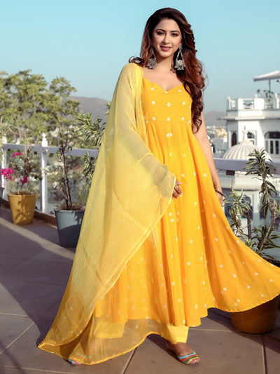 Yellow Bandhej Anarkali Set