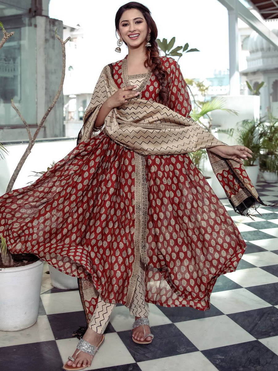 Red Bagru Printed Anarkali Pant