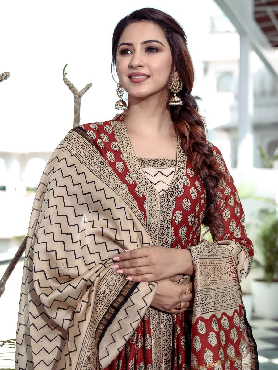 Red Bagru Printed Anarkali Pant