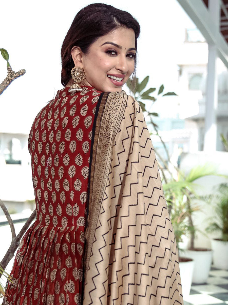 Red Bagru Printed Anarkali Pant