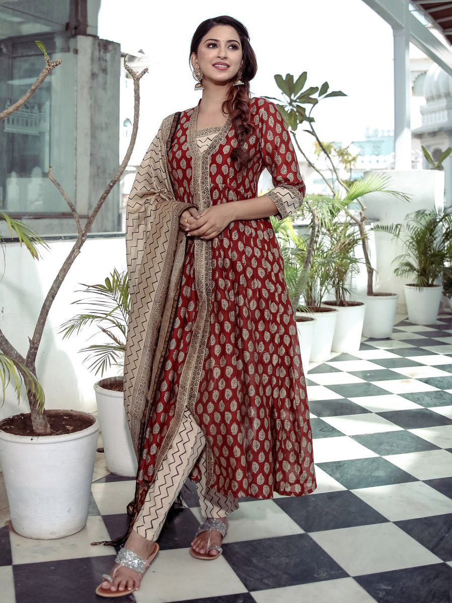 Red Bagru Printed Anarkali Pant