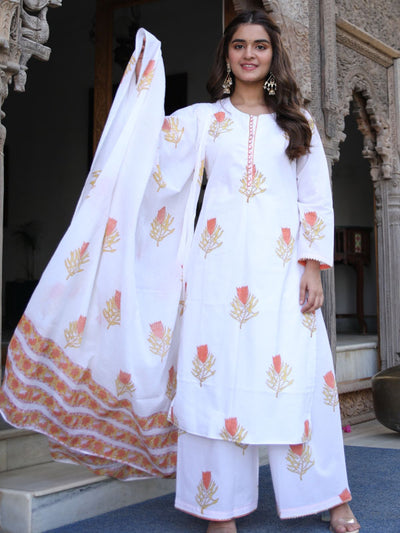 White Sanganeri Block Suit Set