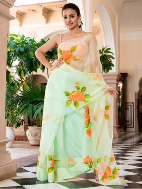 Green Organza Unstitched Blouse Set