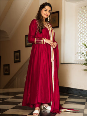 Maroon Silk Long Anarkali Set