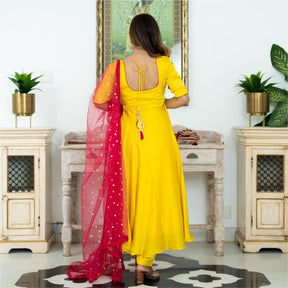 Yellow & Pink Silk Anarkali Set