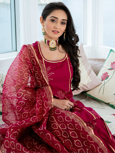 Megenta Cotton Printed Kurta And Sharara Set