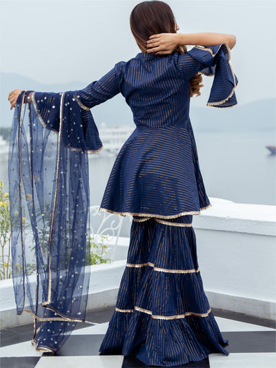 Blue Cotton Lurex Peplum and Sharara Set
