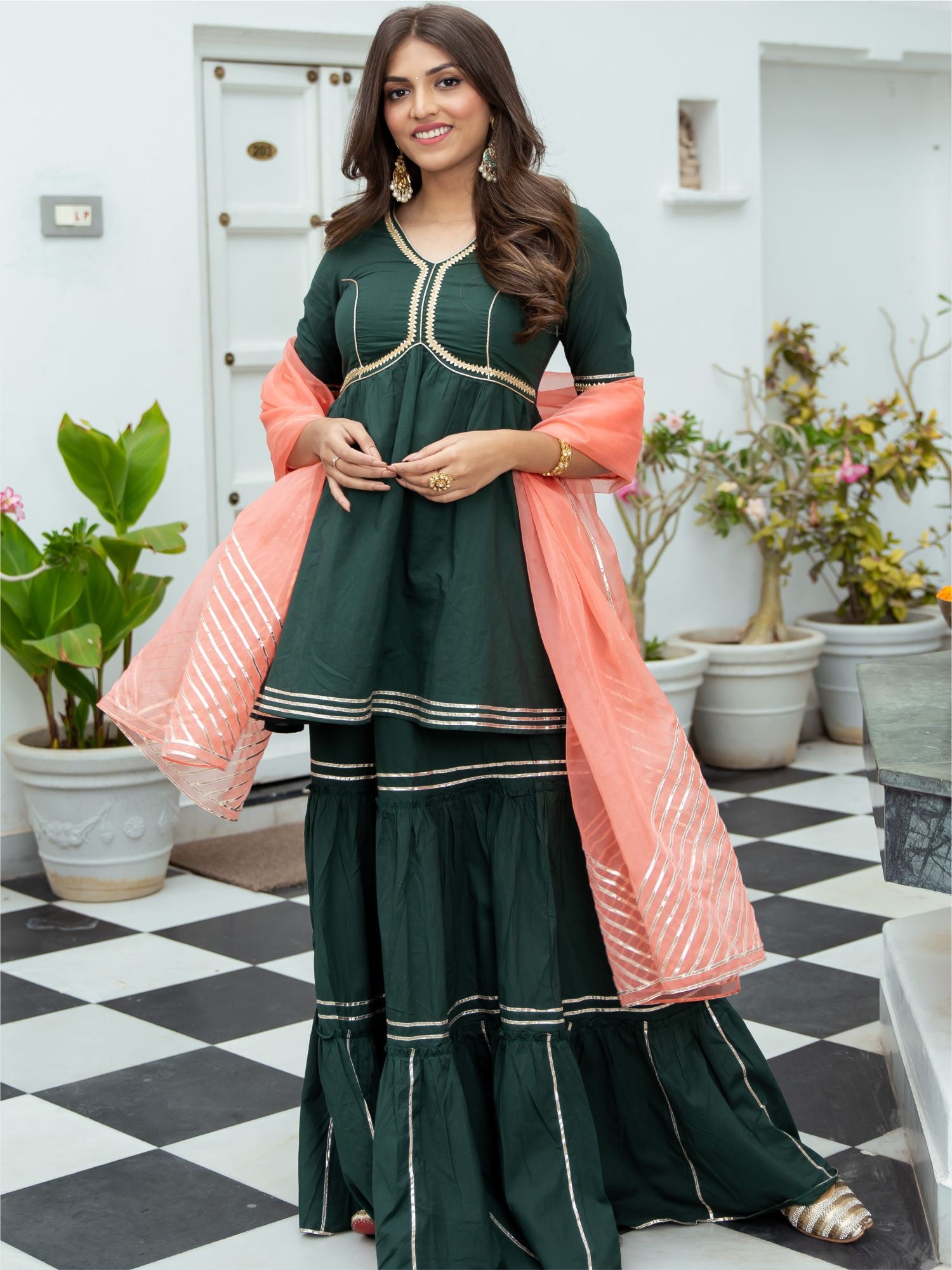 Green Cotton Peplum and Sharara Set