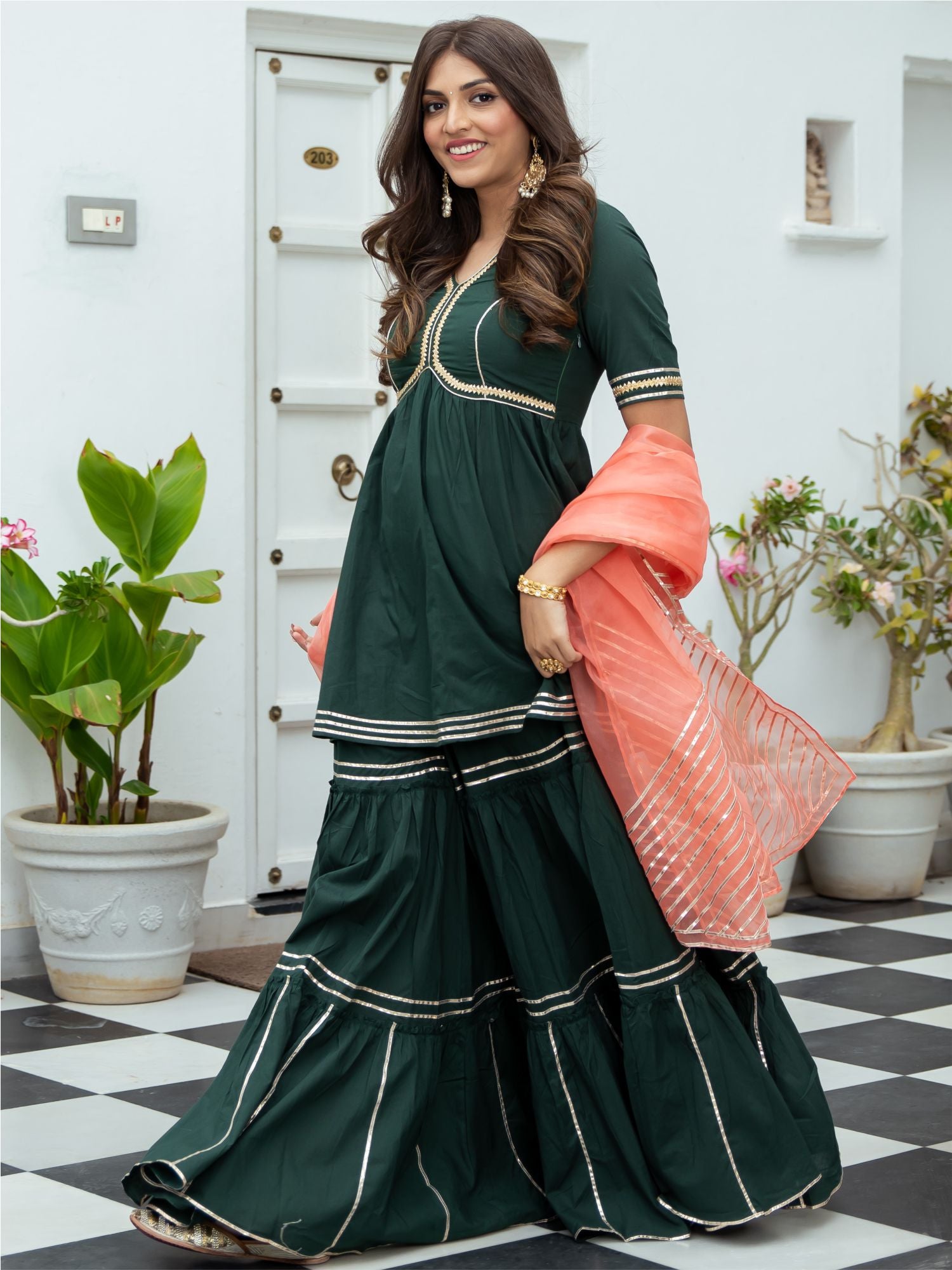 Green Cotton Peplum and Sharara Set