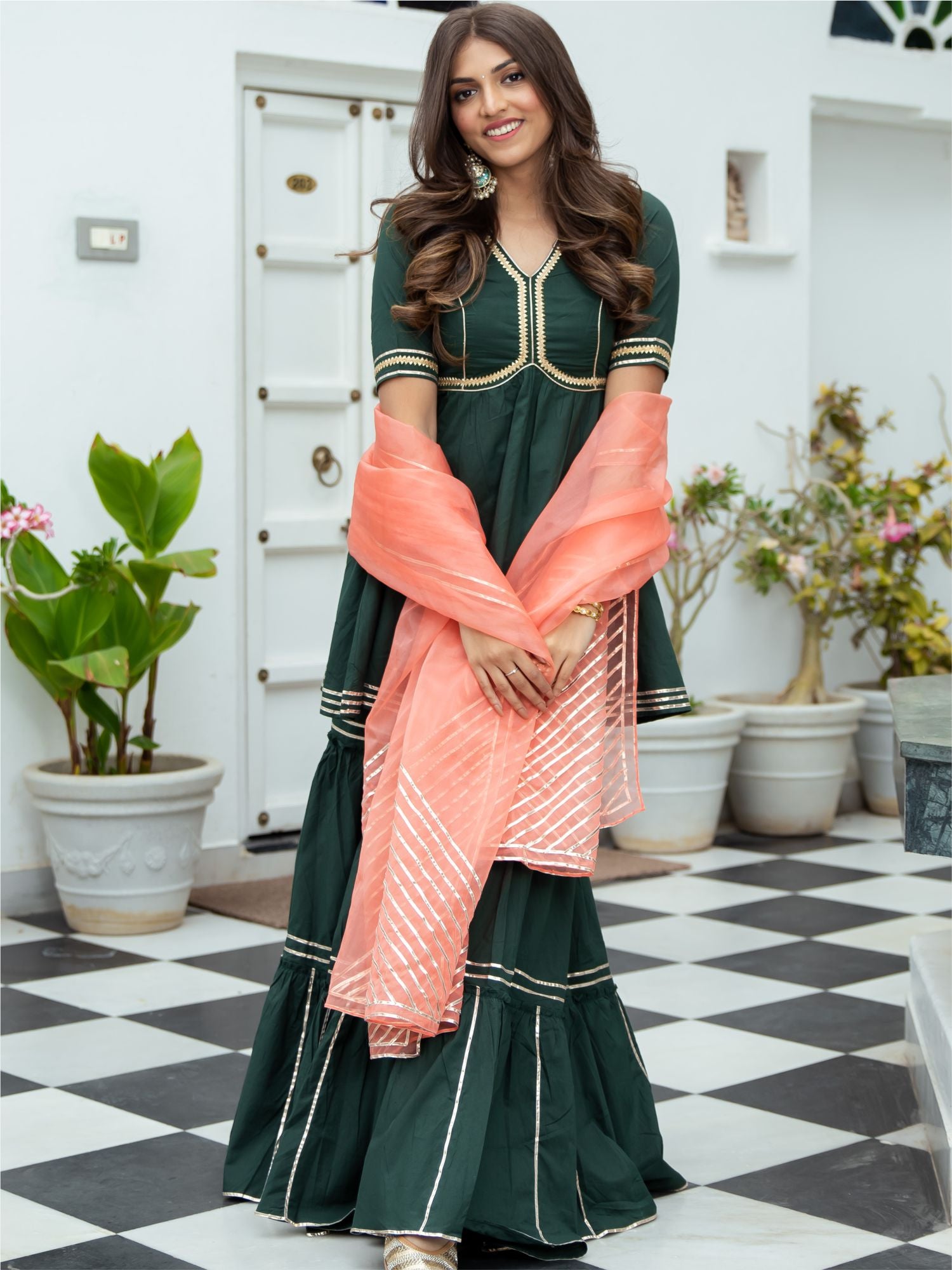 Green Cotton Peplum and Sharara Set