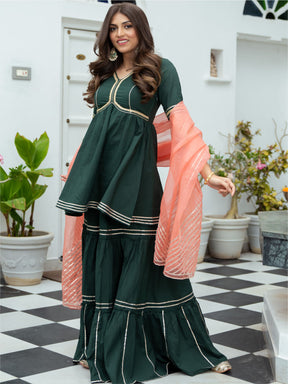 Green Cotton Peplum and Sharara Set