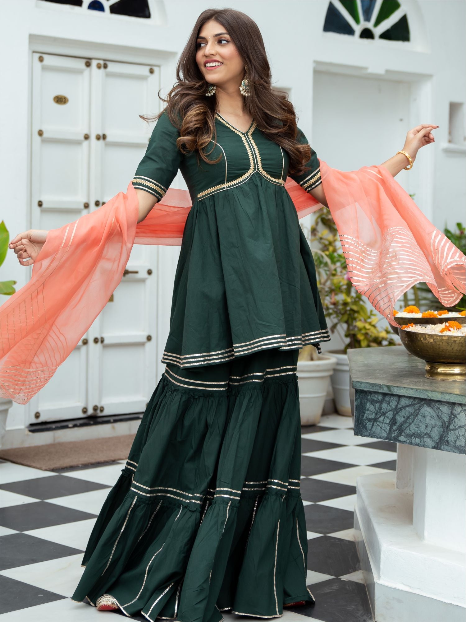Green Cotton Peplum and Sharara Set
