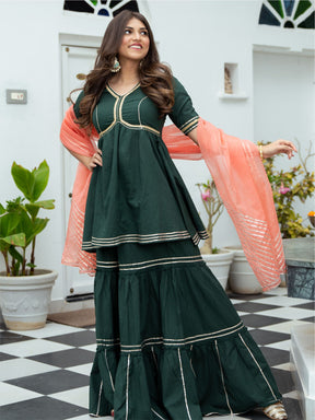 Green Cotton Peplum and Sharara Set