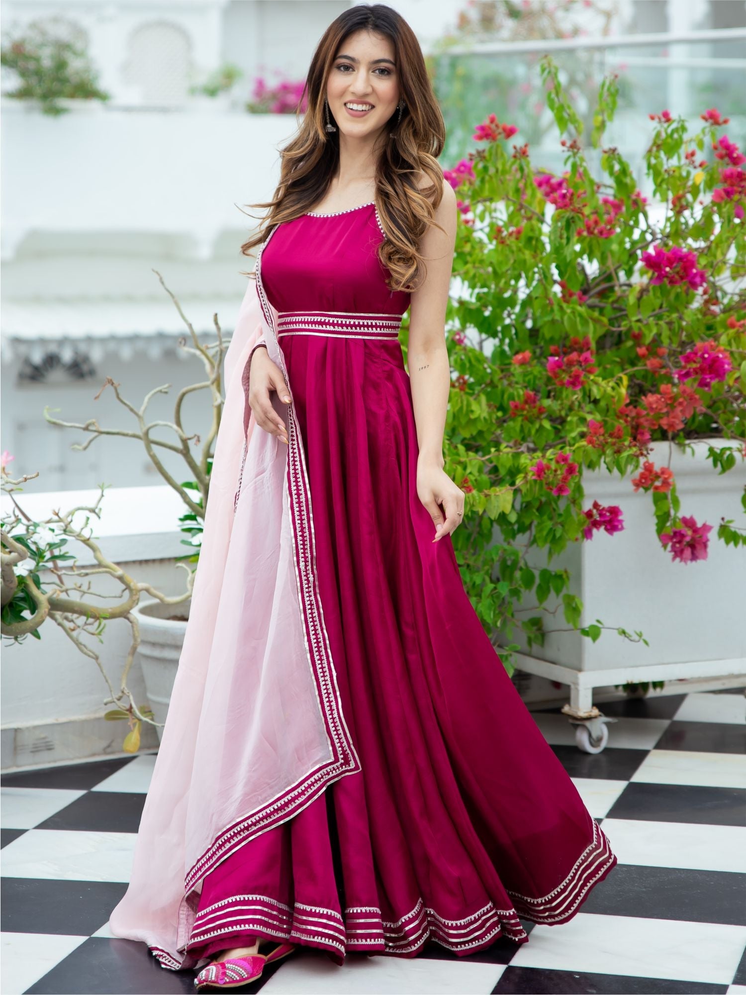 Pink Silk Long Dress With Dupatta - Main Image