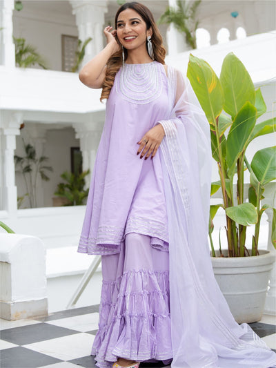 Lavender Cotton Flared Kurta and Palazzo Set
