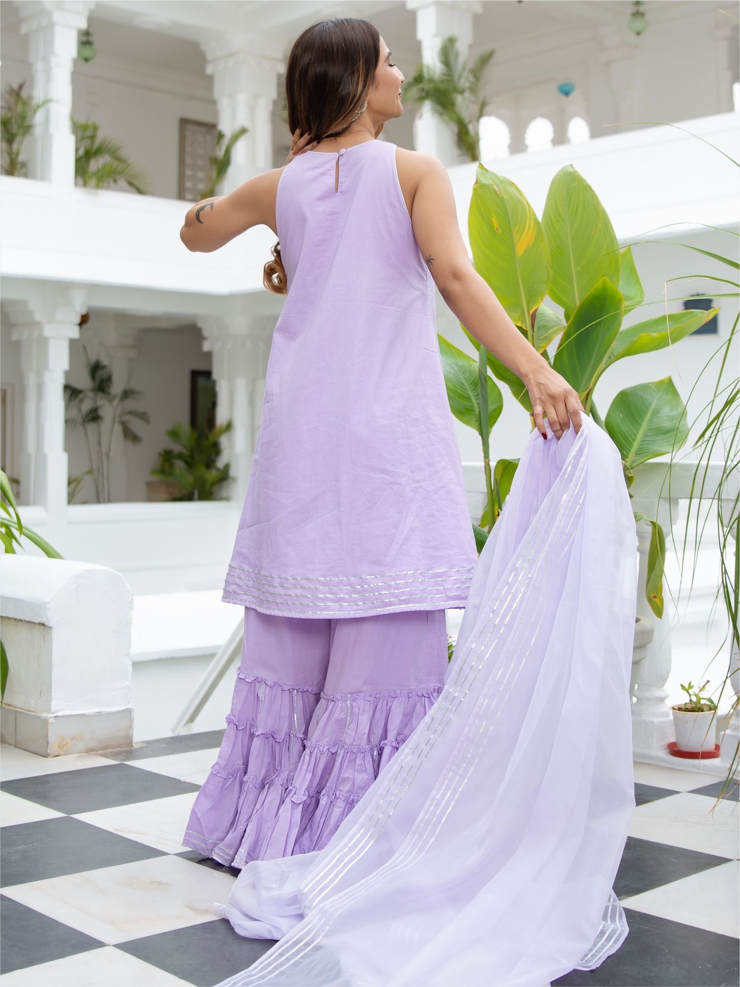 Lavender Cotton Flared Kurta and Palazzo Set