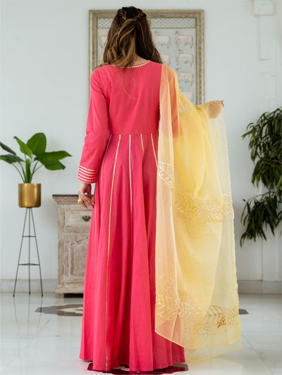 Pink Cotton flared Anarkali Without Dupatta