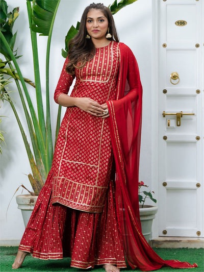 Red Cotton Printed Long Kurta and Sharara Set