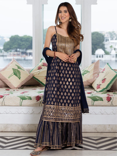 Navy Blue Cotton Printed Long Kurta and Sharara Set
