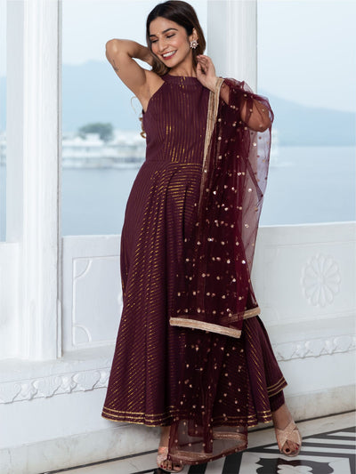 Wine Cotton Lurex Long Kurta and Pant Set