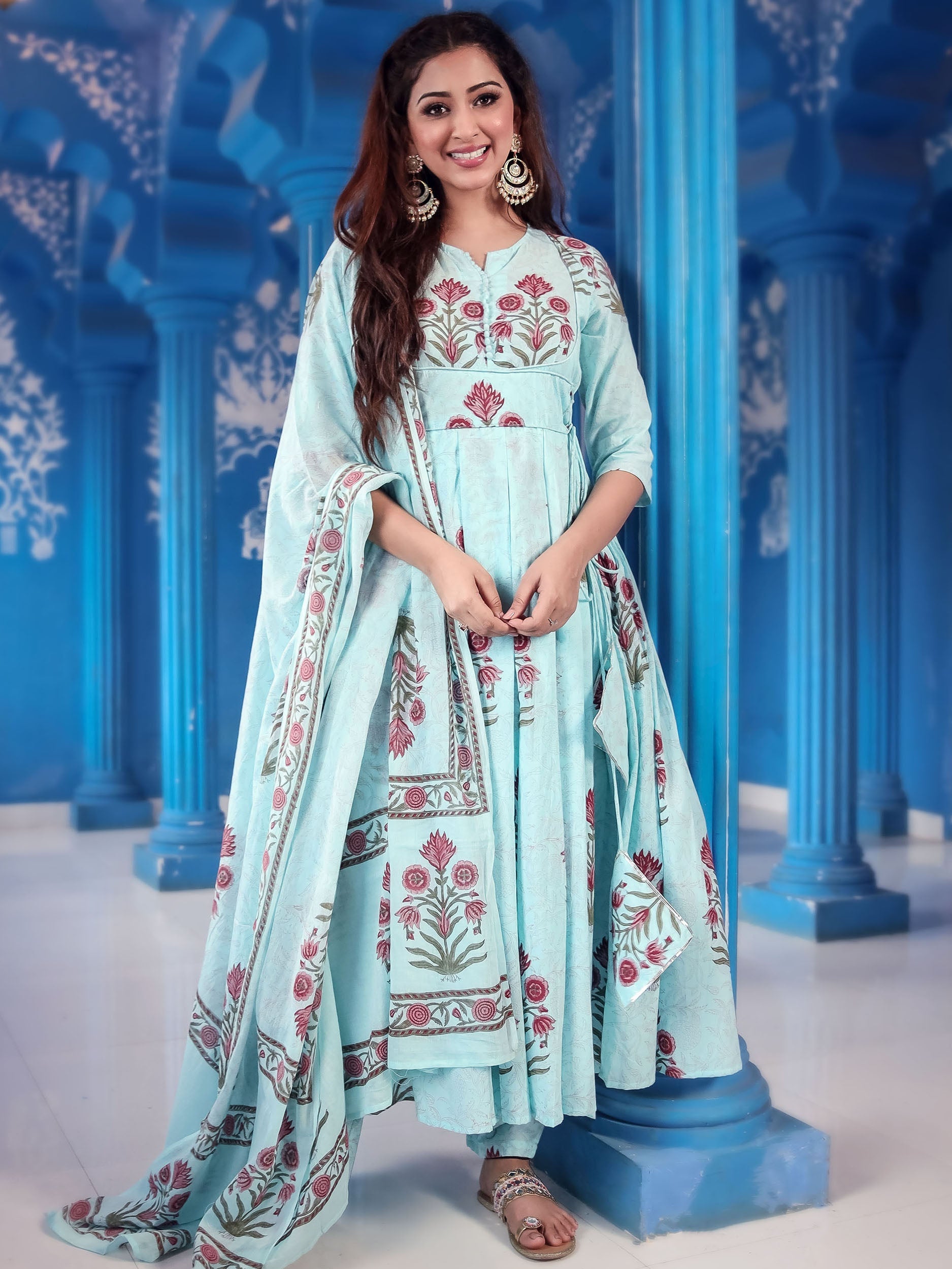 Vedika Blue Lehriya Anrakali Suit Set