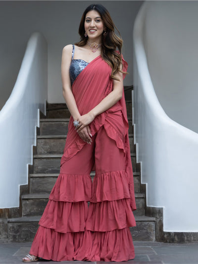 Carrot Pink Georgette Sharara Saree