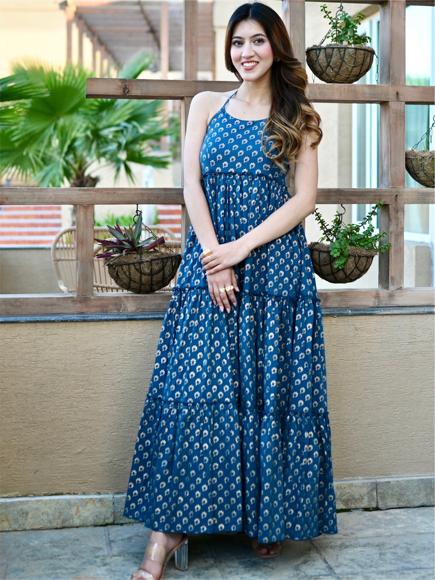 Blue Foil Printed Tiered Dress