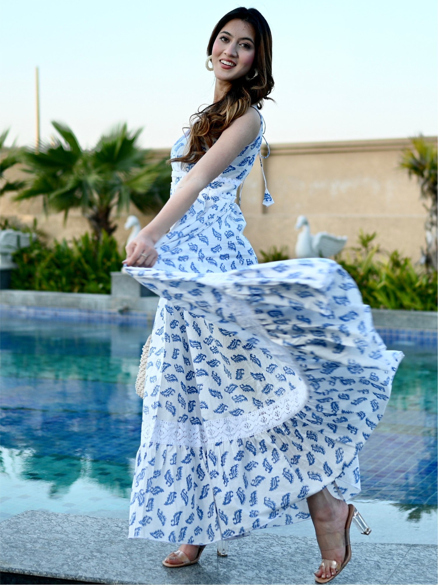 White And Blue Printed Cotton Dress White And Blue Printed Cotton Dress