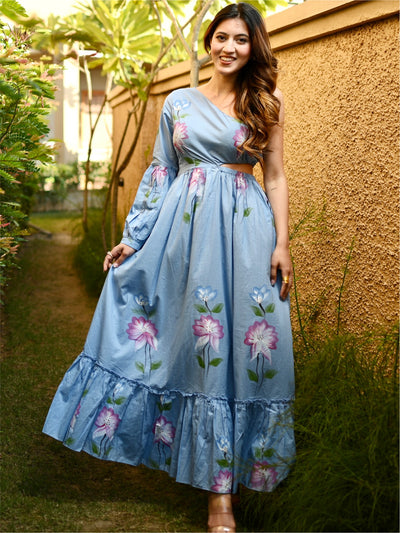 Blue Hand Painted Cut Out Dress