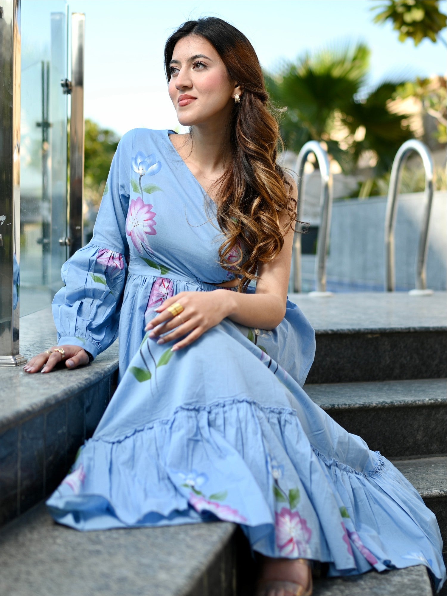 Blue Hand Painted Cut Out Dress